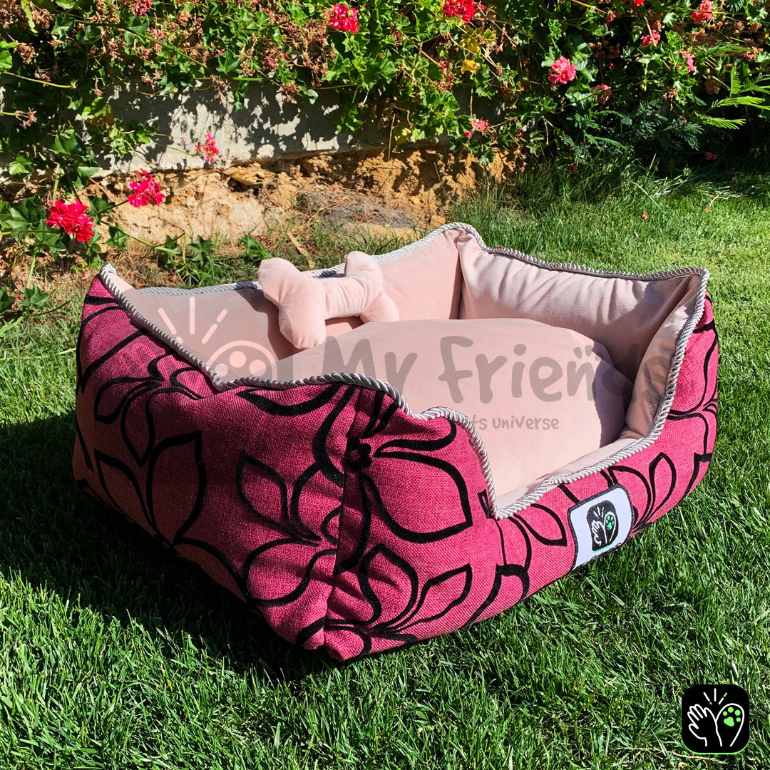 Cama de mascota diseño "Flores negro/rosada"