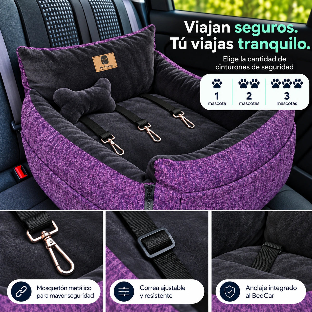 Bolso Transportador 2 en 1 para mascotas Modelo Morado/negro con cierres frontales