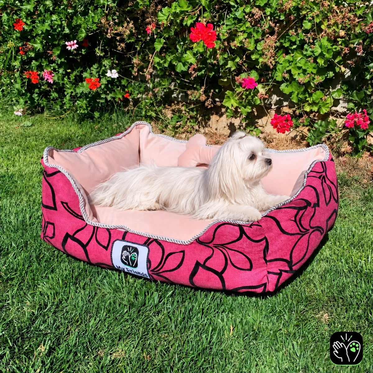 Cama de mascota diseño "Flores negro/rosada"