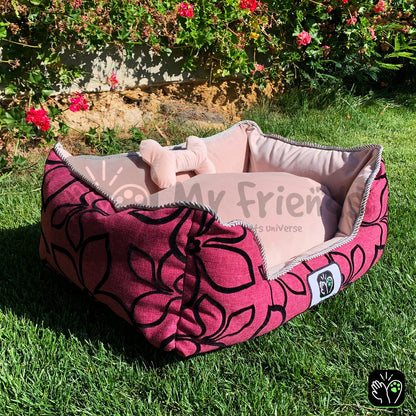 Cama de mascota diseño "Flores negro/rosada"